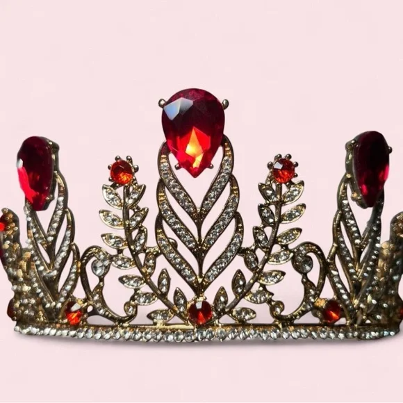 👑 Gold Baroque Crystal Crown | Red Gem Tiara - Picture 7 of 8